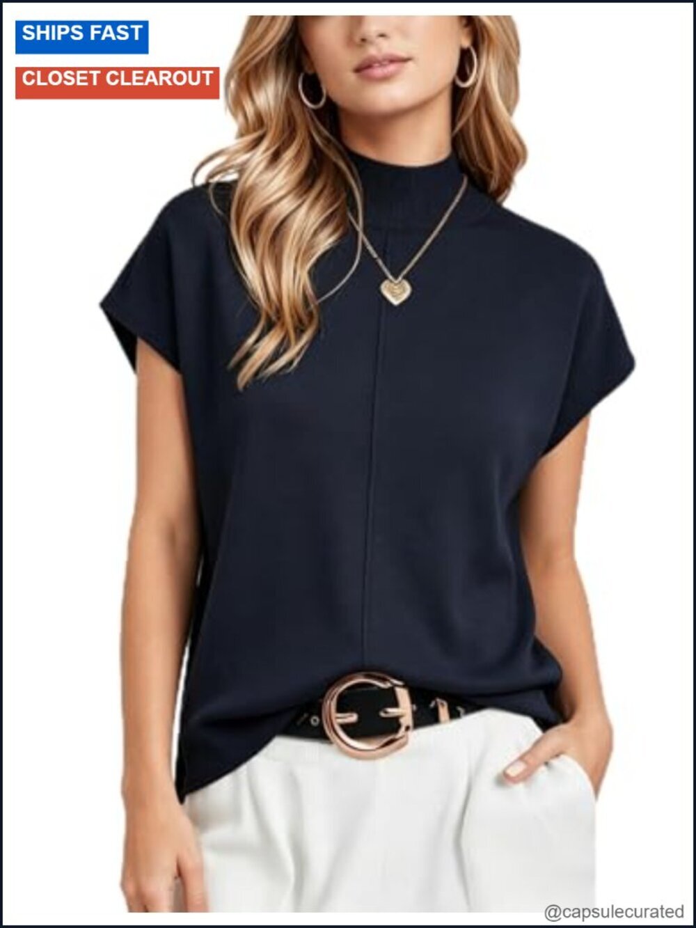 Mock Neck Top Cap Sleeve Boxy Fit Pullover Business Casual Tee